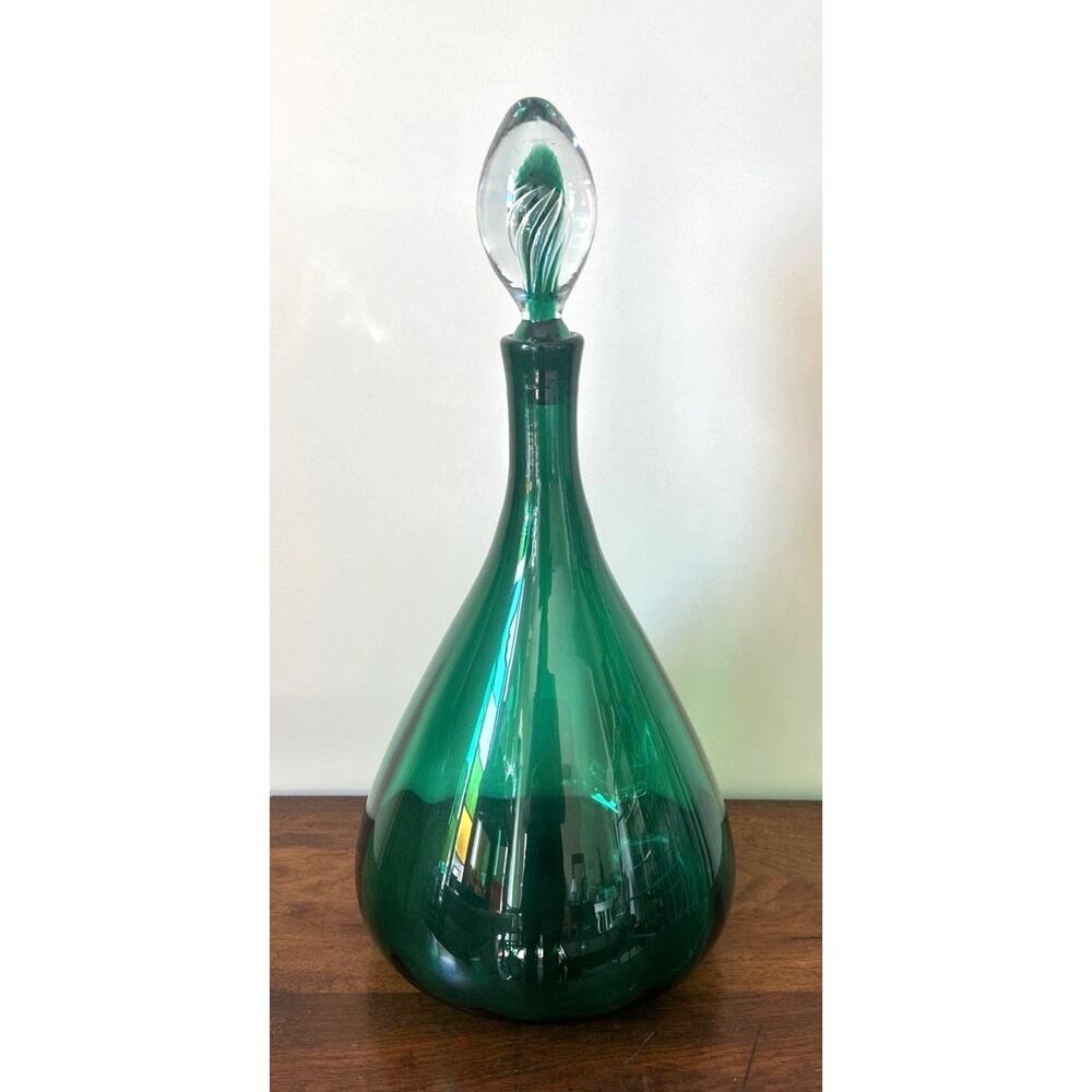 1974 Blenko Glass Pine Green Joel Myers Decanter Air Twist Stopper #6953 21"